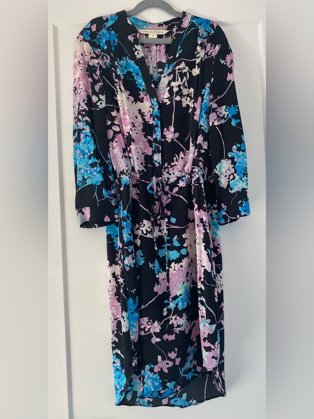 Diane Von Furstenberg Black Drawstring Midi Dress with Blue & Pink Floral Print